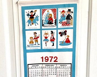 Danish wall calendar for 1972 Leap Year handprinted in Denmark by Aase og Preben Jangaard, 6 fairy tale prints, cotton, hanging dowels