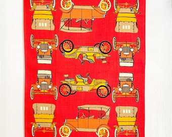 Vera Neumann Linen Tea Towel, Antique Car Print, Red and Orange, Vintage Kitchen Decor