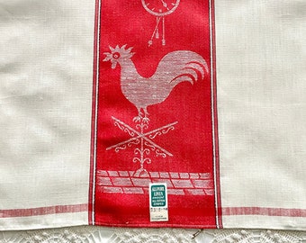 Weather vane tea towel red damask linen, made in Czechoslovakia, vintage kitchen textiles, unused, new old stock, farmhouse decor