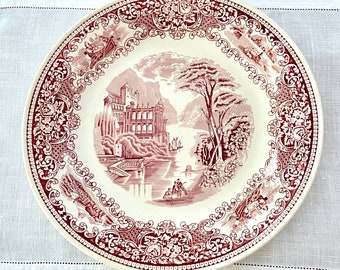 Large Myott dinner plate Staffordshire Old England Maroon, 11 inches, 1930s English ironstone, red transferware, pastoral scene riverside