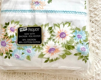 Double flat sheet Maytime by Pequot, new in package, 1970s vintage bed linens, floral bedding, new old stock, eyelet trim, No Iron Muslin