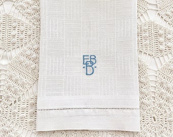 Linen guest towel, triple monogram, blue bock letters, damask squares and bars, small cream color huck cloth, vintage bath decor, 12 by 18