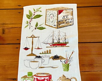 Linen Theme Tea Towel, From Harvest to Cup, Mid-Century Print, Collectible Kitchen Textile