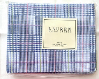 Ralph Lauren twin flat sheet in Studio Glen Plaid Seaview, all cotton unused, blue houndstooth, 1990s vintage bed linens, NIP never used,