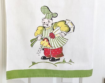 Jolly Chef kitchen towel Broderie Creations, happy cook, green stripes, gingham outfit large salt shaker, 1950s vintage whimsical tea towel