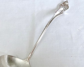 Large ladle NENUPHAR by American Silver Co, Art Nouveau water lily, early 20th century, silverplate 10 inches, monogram S, soup punch gravy