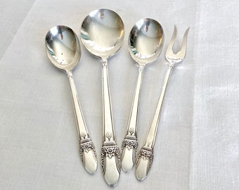 FIRST LOVE 4 assorted pieces by 1847 Rogers Bros, pickle fork, 2 sugar spoons, round soup spoon, 1950s silverplate, vintage flatware