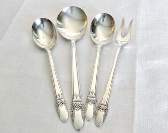 FIRST LOVE 4 assorted pieces by 1847 Rogers Bros, pickle fork, 2 sugar spoons, round soup spoon, 1950s silverplate, vintage flatware