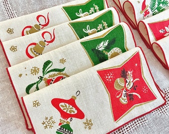 8 servilletas de cóctel navideñas de lino, adornos gráficos de los años 50, detalles dorados, impresas a mano por Hardy Craft.