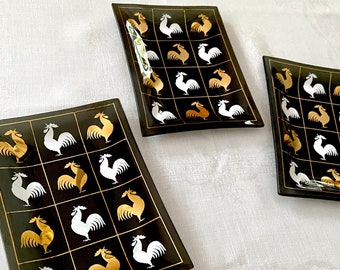 3 black glass cocktail plates curved with 24K gold and white enamel roosters, canapé snack size, cocktail hors d'oeuvres, small trays 5 by 7