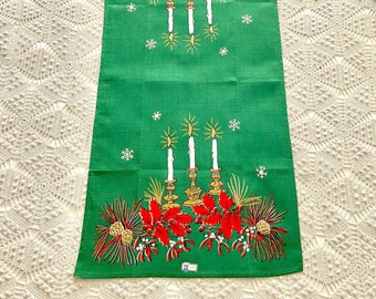 Christmas tea towel Belgian linen print, new with tag, green with red holly, pine cones, mistletoe, metallic gold accent, NOS never used