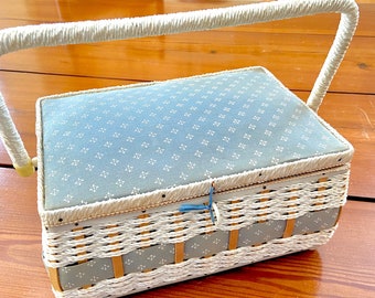 Vintage sewing basket with inside plastic tray, fabric accent on top and sides, rectangle shape, woven rattan wicker on handle and sides