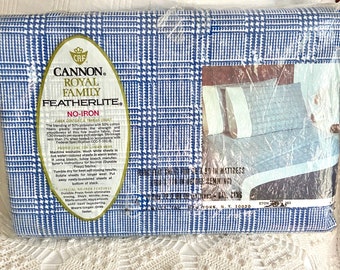 King flat sheet in Eton Plaid Regal Blue and white, houndstooth check pattern, Cannon Royal Family, new in package, preppy teen bedroom