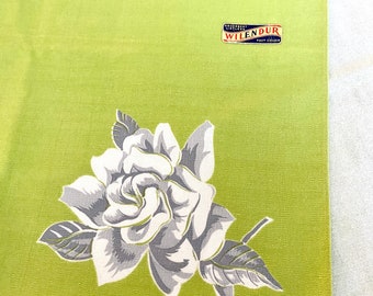Wilendur gardenia tea towel on lime green cotton, gray flower blossoms 1950s vintage kitchen textiles, original foil tag excellent condition