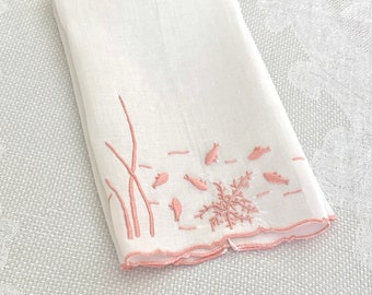 1 Marghab finger towel Under the Sea in peach, luxury mid century collectible bath linens, hand embroidered in Madeira, 13 by 8 Irish linen