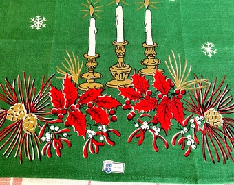 Paño de cocina navideño de lino belga estampado, detalles en oro metalizado, acebo, piñas y muérdago, con etiqueta, nuevo, sin usar.