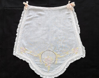1930s Maids Apron White Cotton Ruffled Lace Edging, Hand Embroidered
