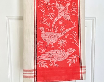 Pheasants kitchen towel in tomato red damask made in Czechoslovakia, vintage woven textiles, unused new old stock NOS, outdoor birds theme
