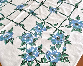 Blue floral print tablecloth, green trellis on white cotton, mid century fifties, vintage table linens, blue green kitchen, farmhouse decor