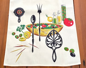 Wilendur tea towel salad theme wooden bowl, olives lemons, tomato parsley, vintage 1950s mid century kitchen textiles, crisp unused fun