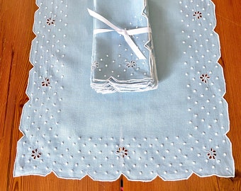 Blue linen placemat set, 6 mats 8 napkins 1 runner, white embroidery by hand in Madeira, vintage table linens, elegant luncheon set