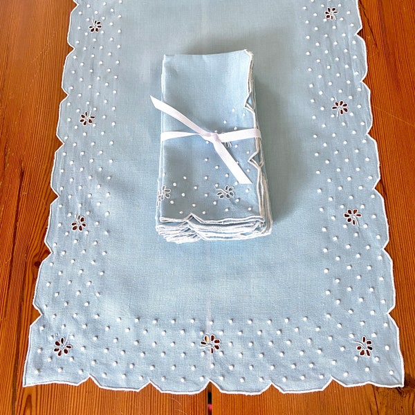 Blue linen placemat set, 6 mats 8 napkins 1 runner, white embroidery by hand in Madeira, vintage table linens, elegant luncheon set