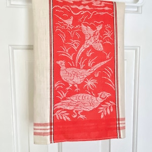 Pheasants kitchen towel in tomato red damask, made in Czechoslovakia, vintage woven textiles, unused, new old stock NOS, outdoor birds theme