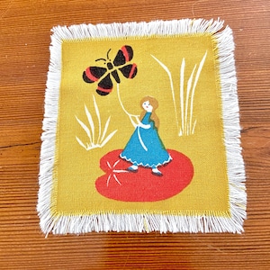 Thumblina fairy tale cocktail napkin, Danish designer Jangaard, square print, Hans Christian Andersen story, vintage table linens