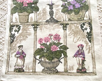 Vintage Linen Tea Towel, Window Display of Pink Geranium, Lavender Violets, Figurines