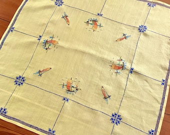 Yellow Rice Linen Tablecloth, Embroidered Junk Boat Design, 30 by 30, Vintage Mid Century