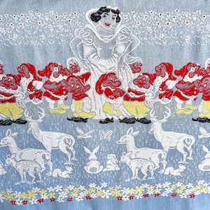 Snow White vintage curtain panel Bates bedspread Seven Dwarfs, official Disney Favorites, woven red black white blue, 1950s vintage textiles