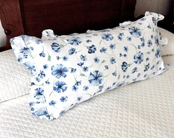 Cornflower Print Sham, Blue Ruffled Bed Linen, 1960s Fine Cotton, 16x31
