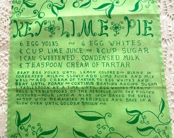 Key West Hand Print Fabrics Key Lime Pie recipe tea towel, signed Vanda and Pell, bright green print, 1970s Florida souvenir, never used