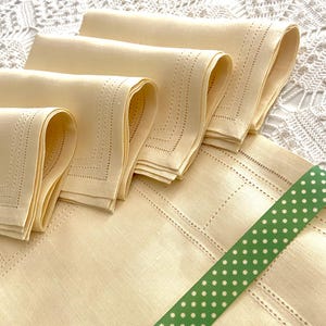 Leacock pale yellow linen placemats and napkins, 8 pieces, pattern of embroidered squares, made in Japan, new with tag unused NOS