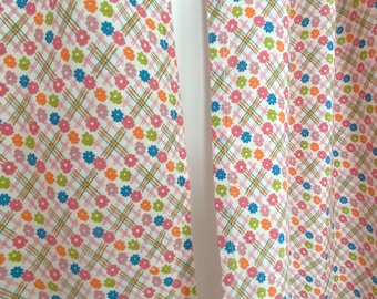 Pair Cafe Curtains Kitchen Decor, Grid Small Flowers and Plaid, Vintage Feedsack Fabric