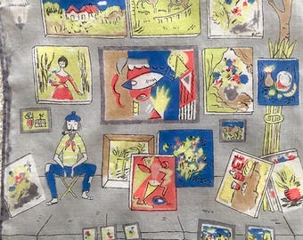 French artist print handkerchief with his artwork displayed on sidewalk, red blue yellow, hand rolled edges, some fading, Paris souvenir