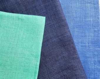 3 Irish Linen Handkerchiefs in Navy French Blue Mint Green, Hand Rolled White Edges, 1970s Pocket Squares