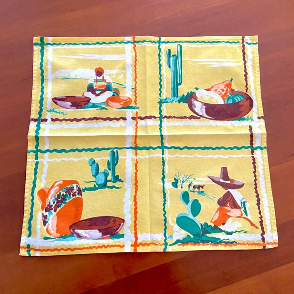6 Wilendur napkins Mexican theme, Monterey pattern, pottery bowls fruit cactus sombrero, yellow repeating squares, excellent condition