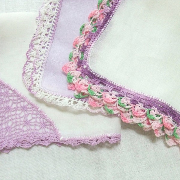 3 Vintage Linen Handkerchiefs Lavender Crochet