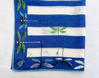 Tammis Keefe handkerchief called Damselflies dragonflies in blues and green, mid century stylized graphics, collectible designer fun novelty