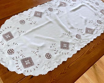 Madeira linen table runner with hand embroidery, 56 by 27, cutwork eyelet lace inserts, 1950s antique table linens heirloom quality