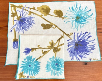 Vera Neumann placemat set for 4, spider mums flowers, purple turquoise olive green, Belgian linen print, vintage table textiles