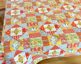 Waverly Centennial Patchwork Tablecloth Fall Colors, Vintage Table Linens 1960s, Old Sturbridge Reproduction, Geometric Shapes, 45 by 53