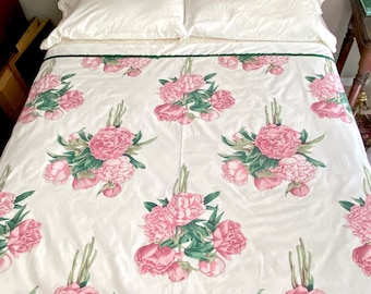 Martex king flat sheet in Newport Peony, huge bouquets large pink peonies, green grosgrain ribbon tailored look, white background, 106 x 102