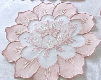 Madeira pink lotus flower placemats napkins coasters for 8, hand embroidery on organdy and linen, 26 pieces, excellent condition collectible