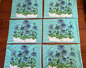 6 Vera Neumann Placemats, Blue Chrysanthemums in Pots, Signed with Ladybug