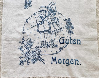 Toalla de cocina alemana antigua, Guten Morgen, niño y niña bordados en azul con flores, decoración europea vintage