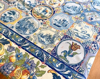 Vintage Delftware Tile Tablecloth, Print Ceramic Pattern, Cotton Made in Turkey, 60 by 82, Seats 6 to 8