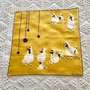 Anne Samstag poodle handkerchief in gold and brown, signed from 1960s, collectible linen handkerchiefs