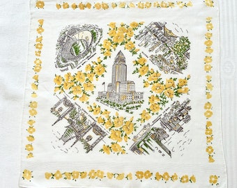 Los Angeles handkerchief 1940s scenes cityscape, city hall, Grauman's Chinese Theatre, Rose Bowl, Radio City NBC, Olvera Street, Hollywood